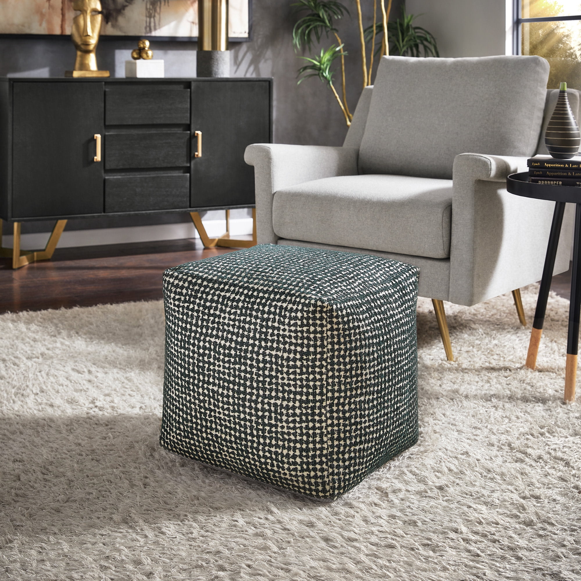 Weston Home Dinant Upholstered Square Pouf Ottoman, Dark Green & White Dot Pattern Fabric