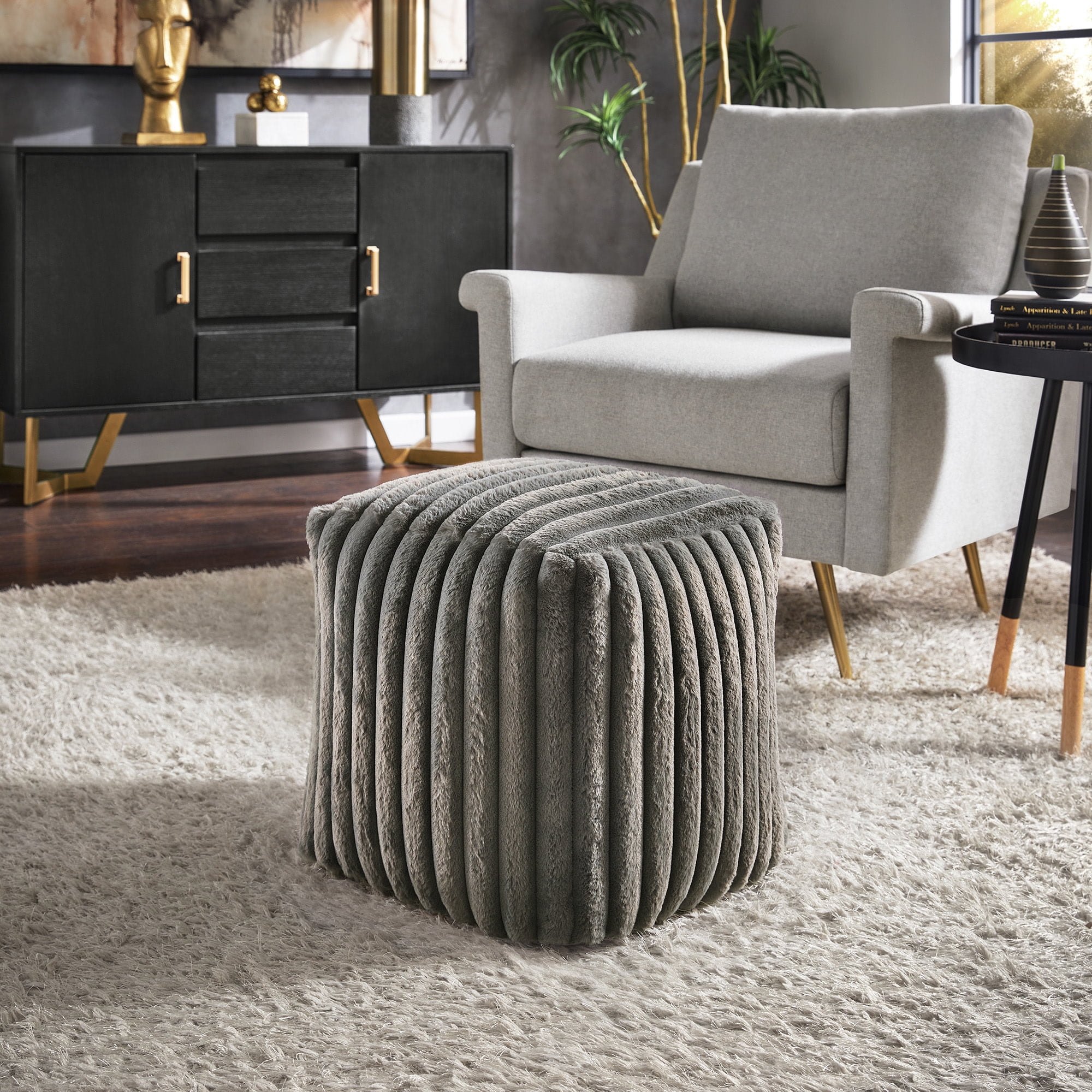 Weston Home Dinant Upholstered Square Pouf Ottoman, Dark Grey Channel Furry Fabric