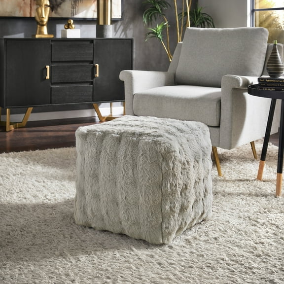 Weston Home Dinant Upholstered Square Pouf Ottoman, Grey Square Furry Fabric