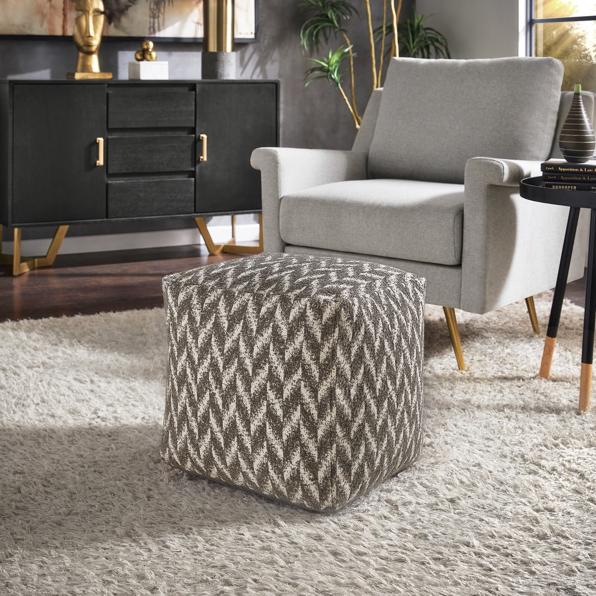 Weston Home Dinant Upholstered Square Pouf Ottoman, Grey & White Herringbone Pattern Fabric