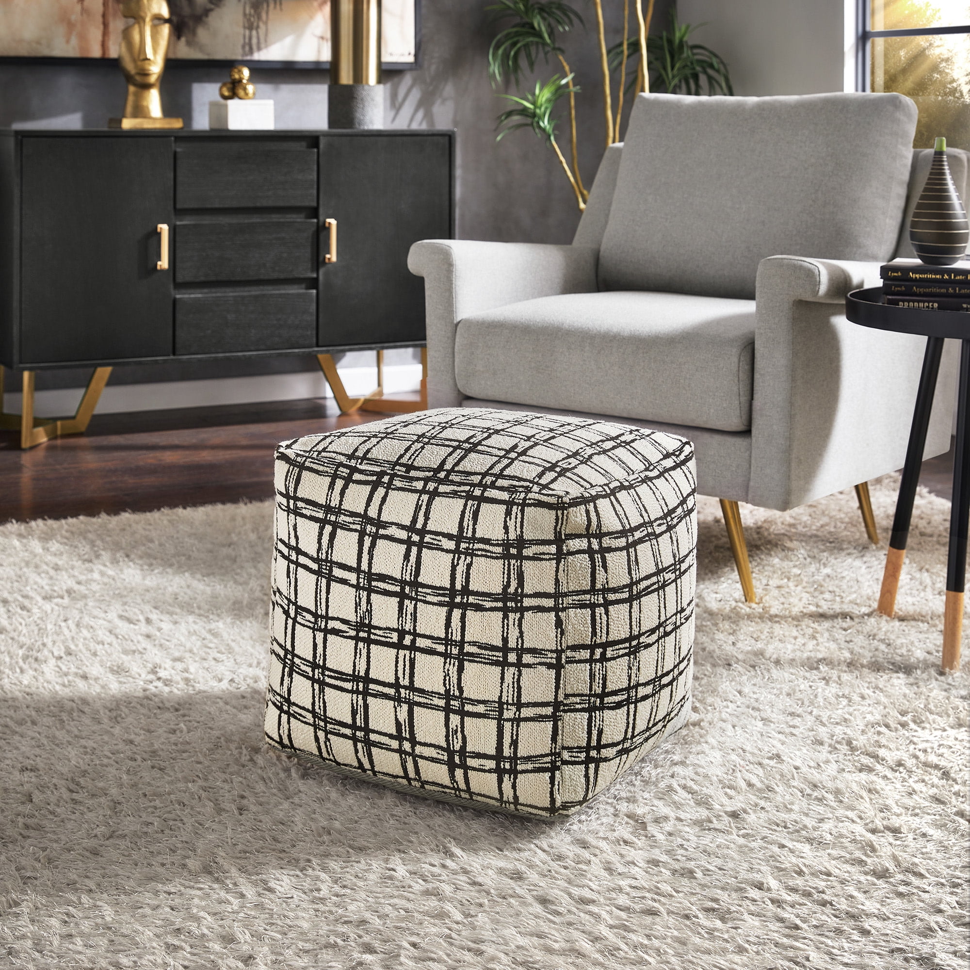 Weston Home Dinant Upholstered Square Pouf Ottoman, Ivory & Black Plaid Pattern Fabric