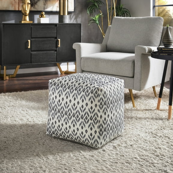 Weston Home Dinant Upholstered Square Pouf Ottoman, Ivory & Blue Abstract Diamond Pattern Fabric