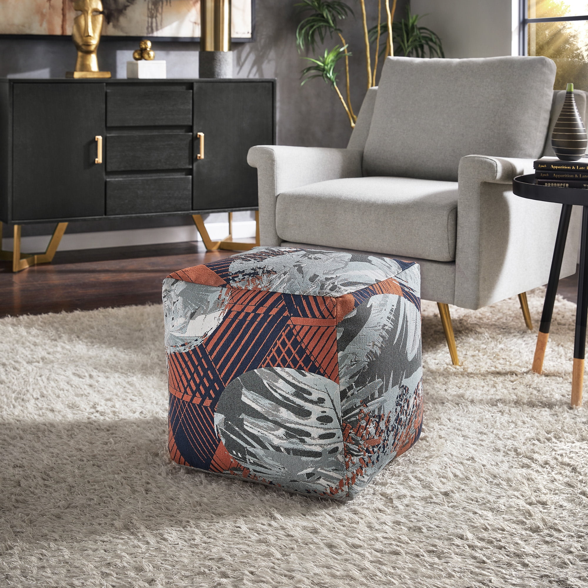 Weston Home Dinant Upholstered Square Pouf Ottoman, Multicolored Abstract Pattern Fabric