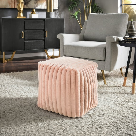 Weston Home Dinant Upholstered Square Pouf Ottoman, Pink Channel Furry Fabric