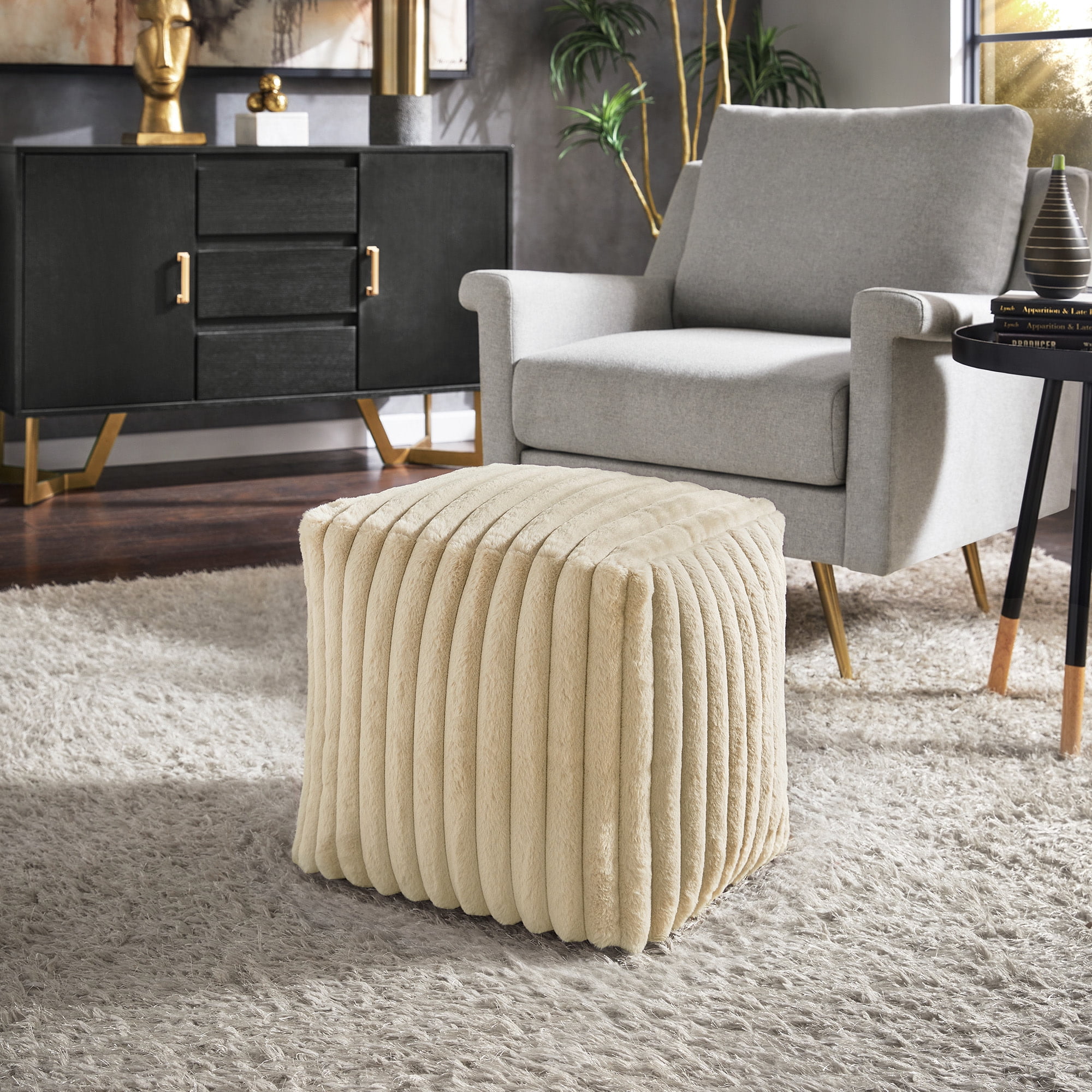 Weston Home Dinant Upholstered Square Pouf Ottoman, Taupe Channel Furry Fabric