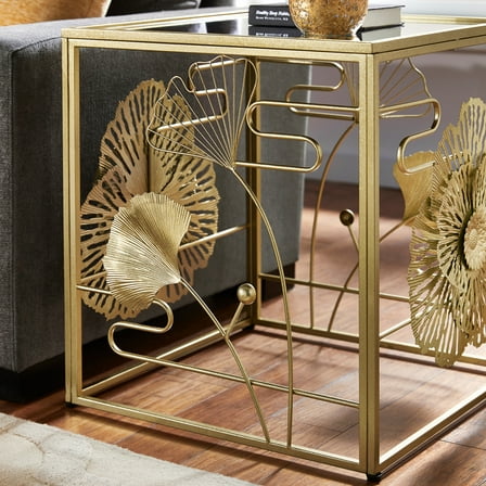 Weston Home Ditmas Gold Finish Peony and Ginkgo End Table with Mirror Top