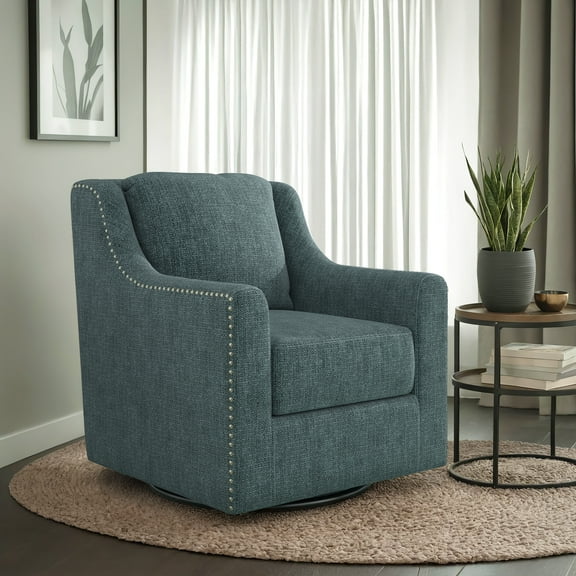 Weston Home Dovelle Classic Nailhead Swivel Chair with Sloped Arms, Blue