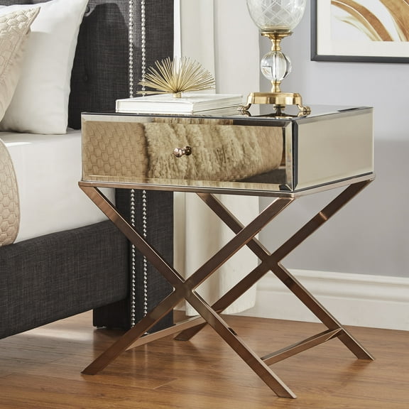 Weston Home Downey X Base Mirrored Campaign End Table, Champagne Gold