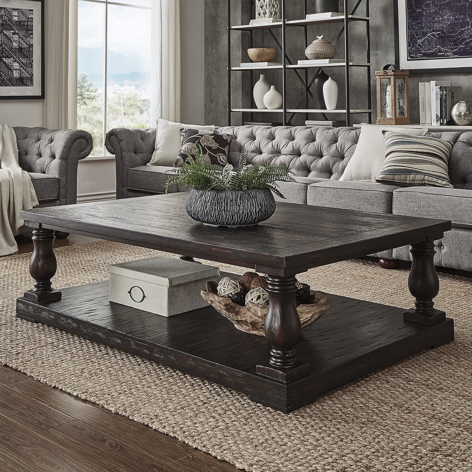 HumbleNest Weston Home Dunbar Rectangle Pedestal Coffee Table with Lower Storage Shelf, Espresso