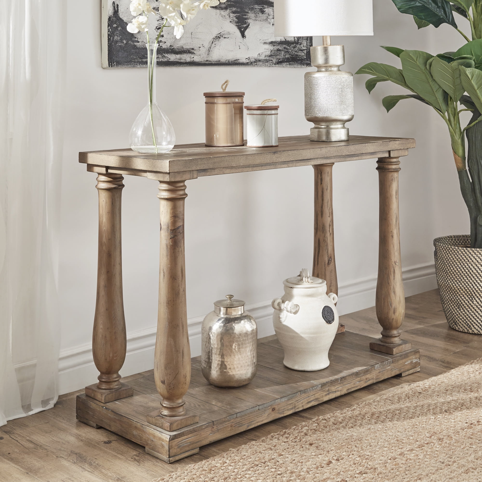 Weston Home Dunbar Pine Brown Sofa Table with Lower Storage Shelf and Pedestal Design