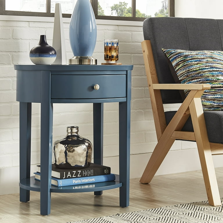 Weston Home Easley Circle End Table with Drawer and Lower Storage, Blue Steel
