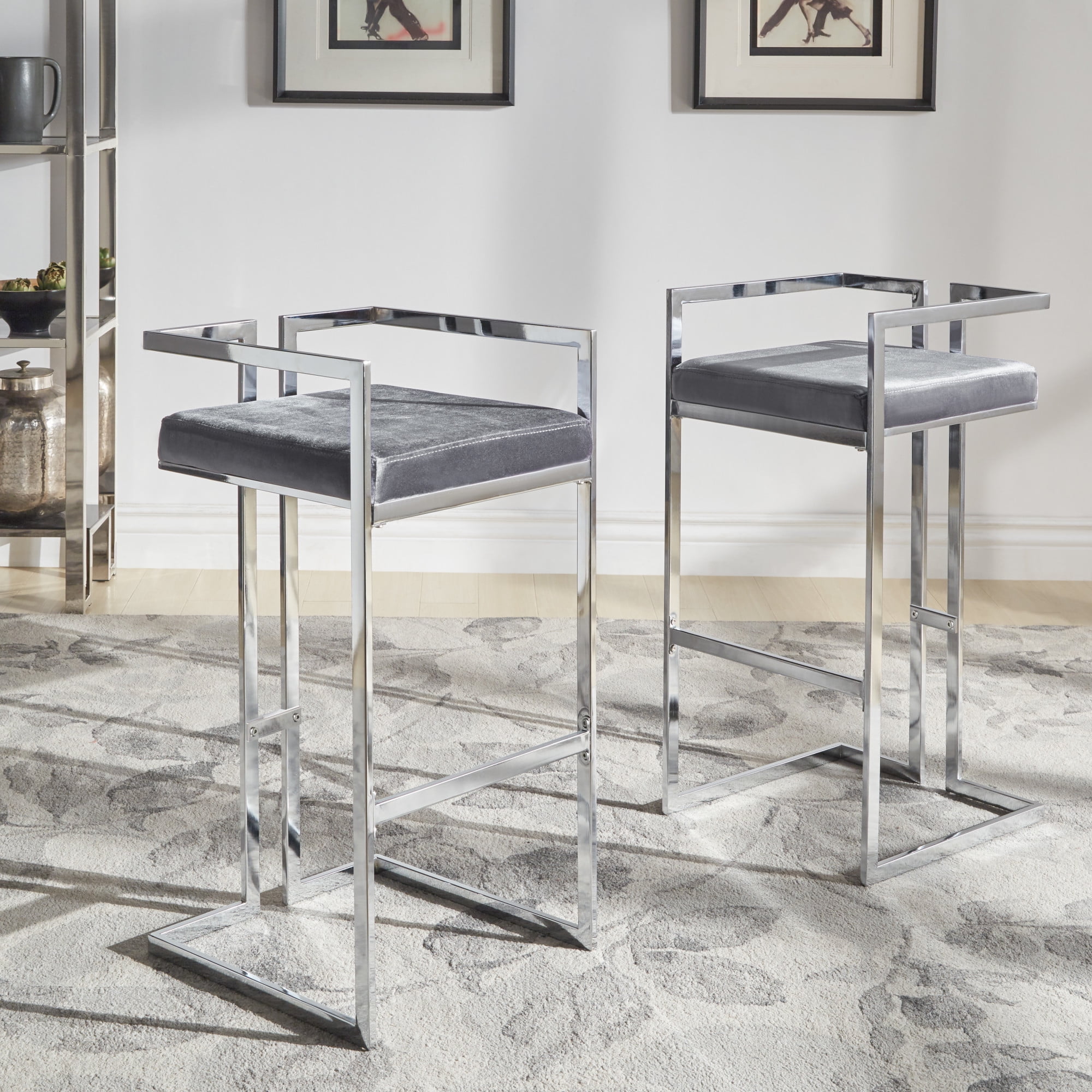 Weston Home Eivril Velvet Upholstered Bar Height Stools in Chrome Metal, Set of 2, Blue Steel Velvet