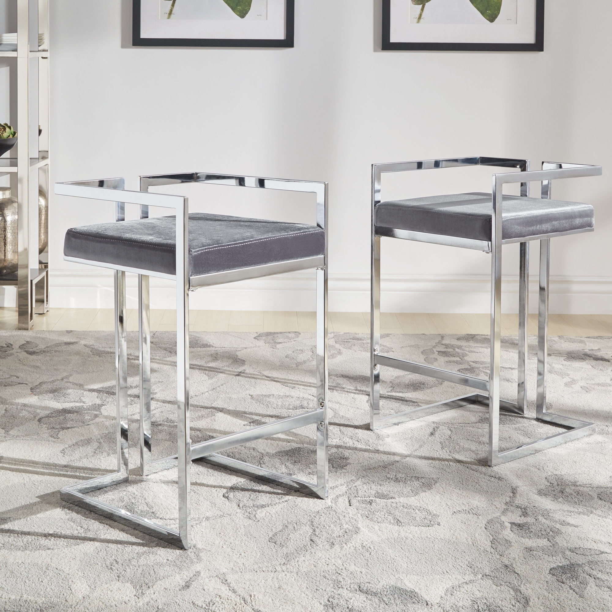 Weston Home Eivril Set of 2 Velvet Upholstered Chrome Metal Counter Height Stools, Blue