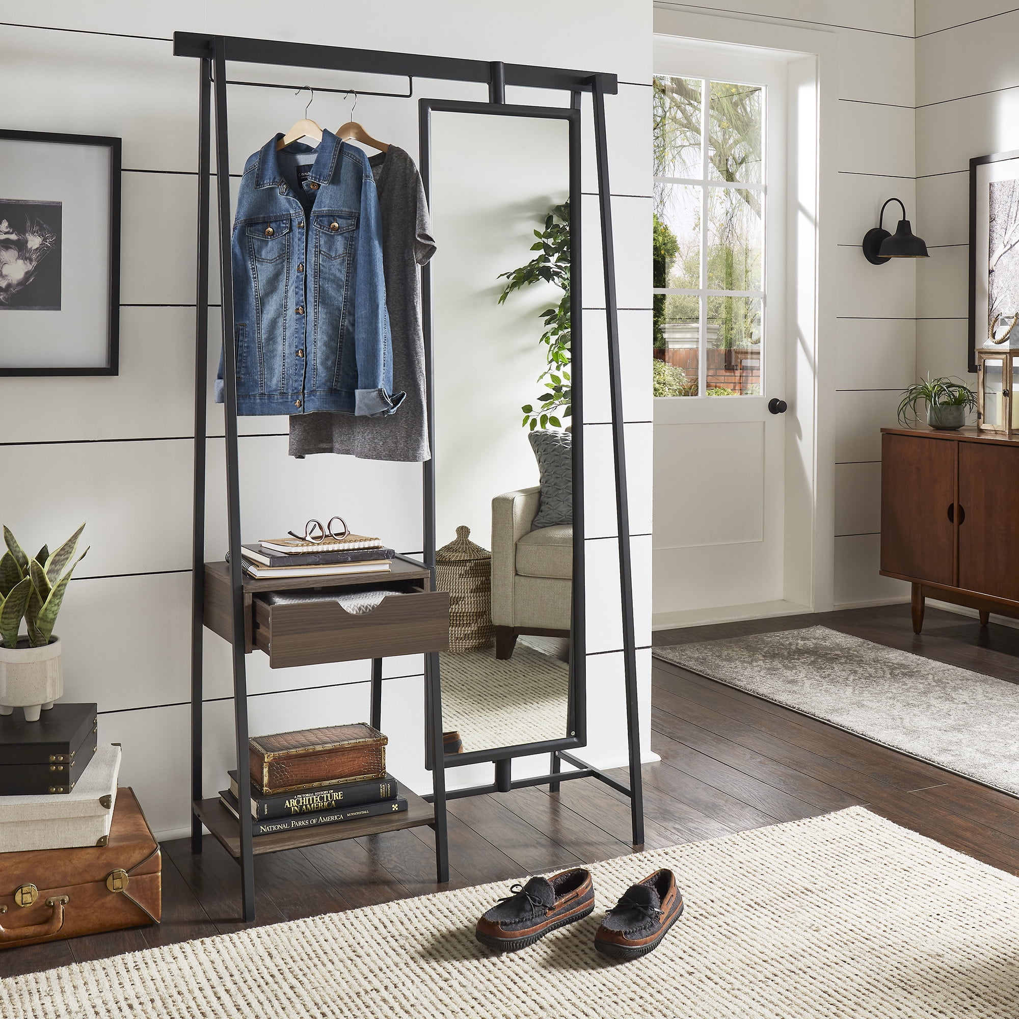 Weston Home Elle Matte Black Metal 1-Drawer and Shelf Hall Tree with Mirror