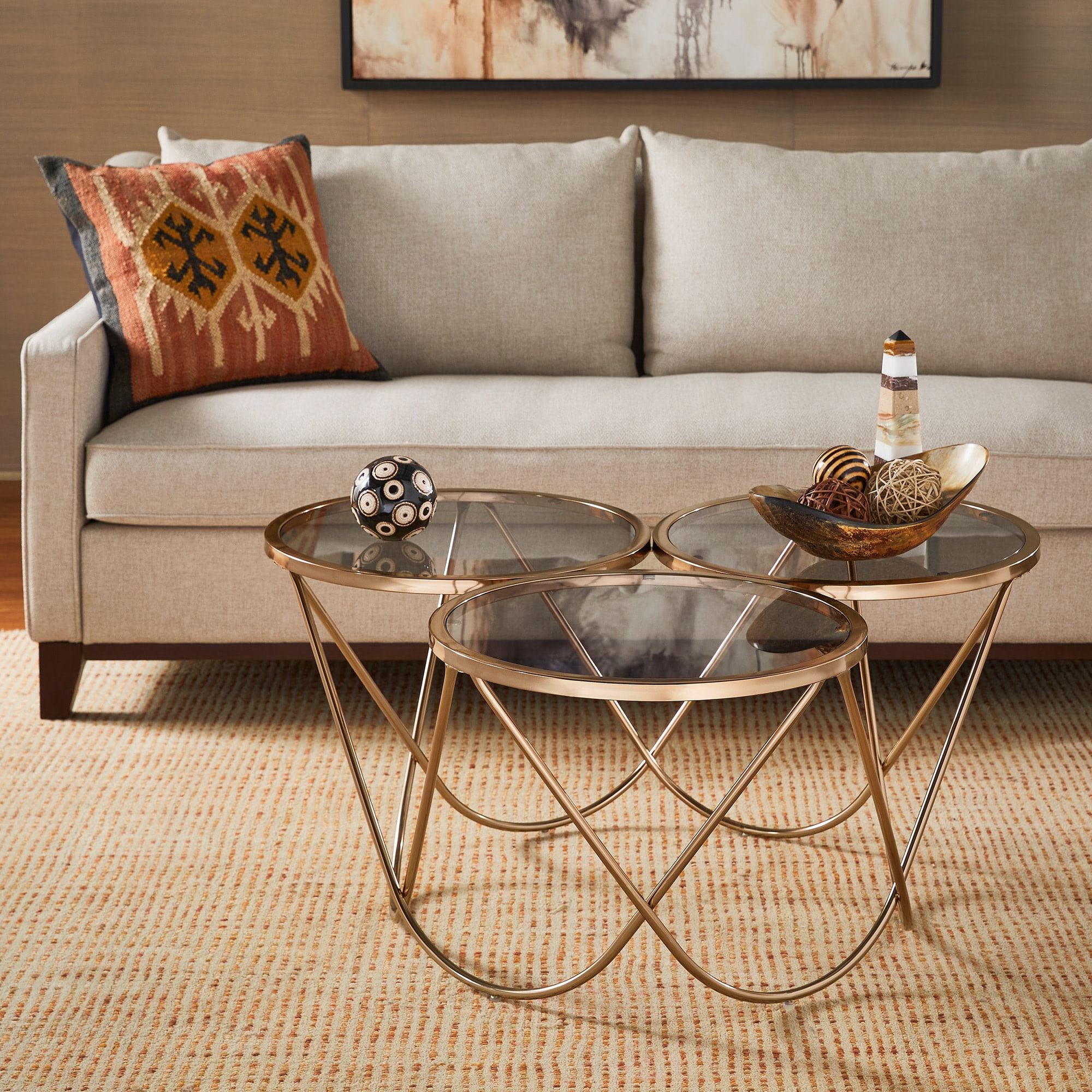 Weston Home Enschede Champagne Gold Finish Metal Coffee Table with Smoked Glass Top