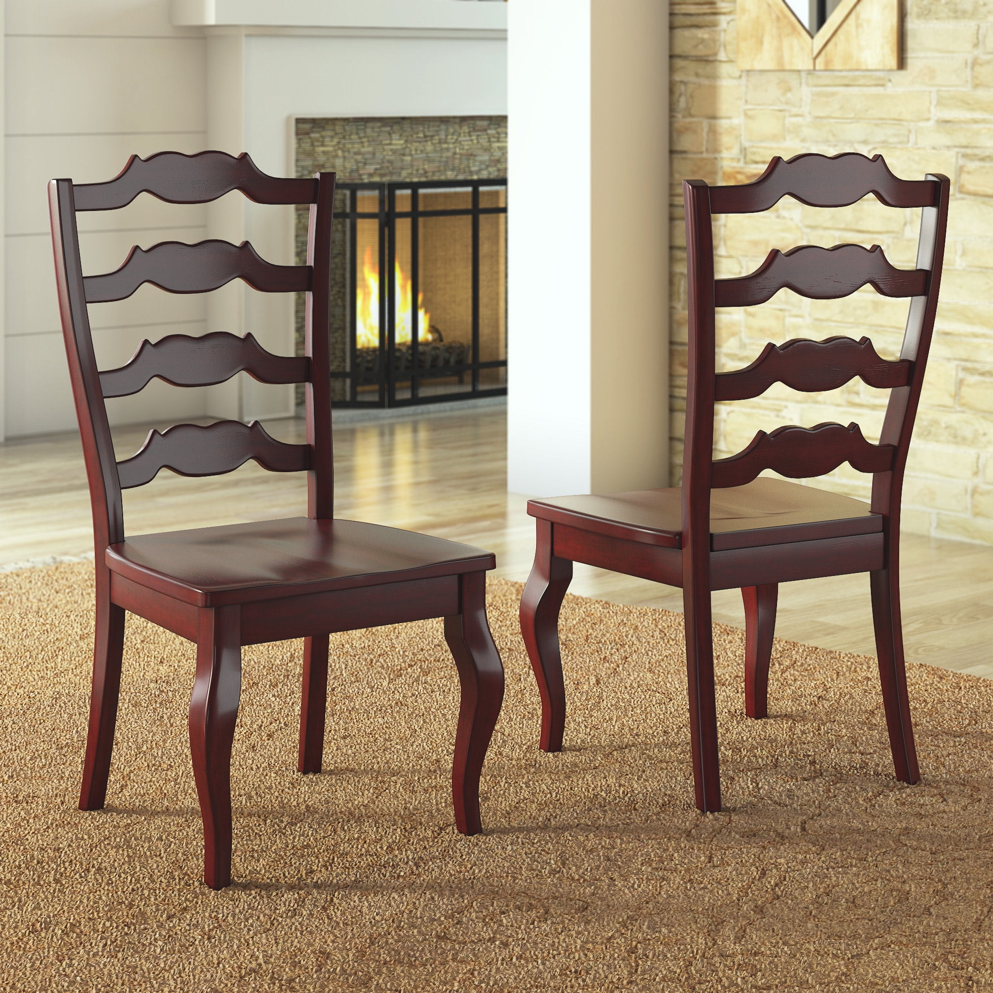 Weston Home Farmhouse French Ladder Back Wood Dining Chairs, Set of 2, Antique Berry Red