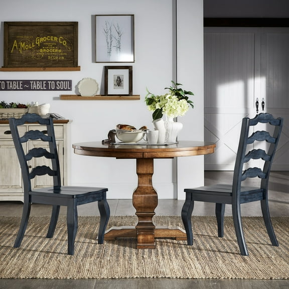 Weston Home Farmhouse French Ladder Back Wood Dining Chairs, Set of 2, Antique Dark Denim Blue
