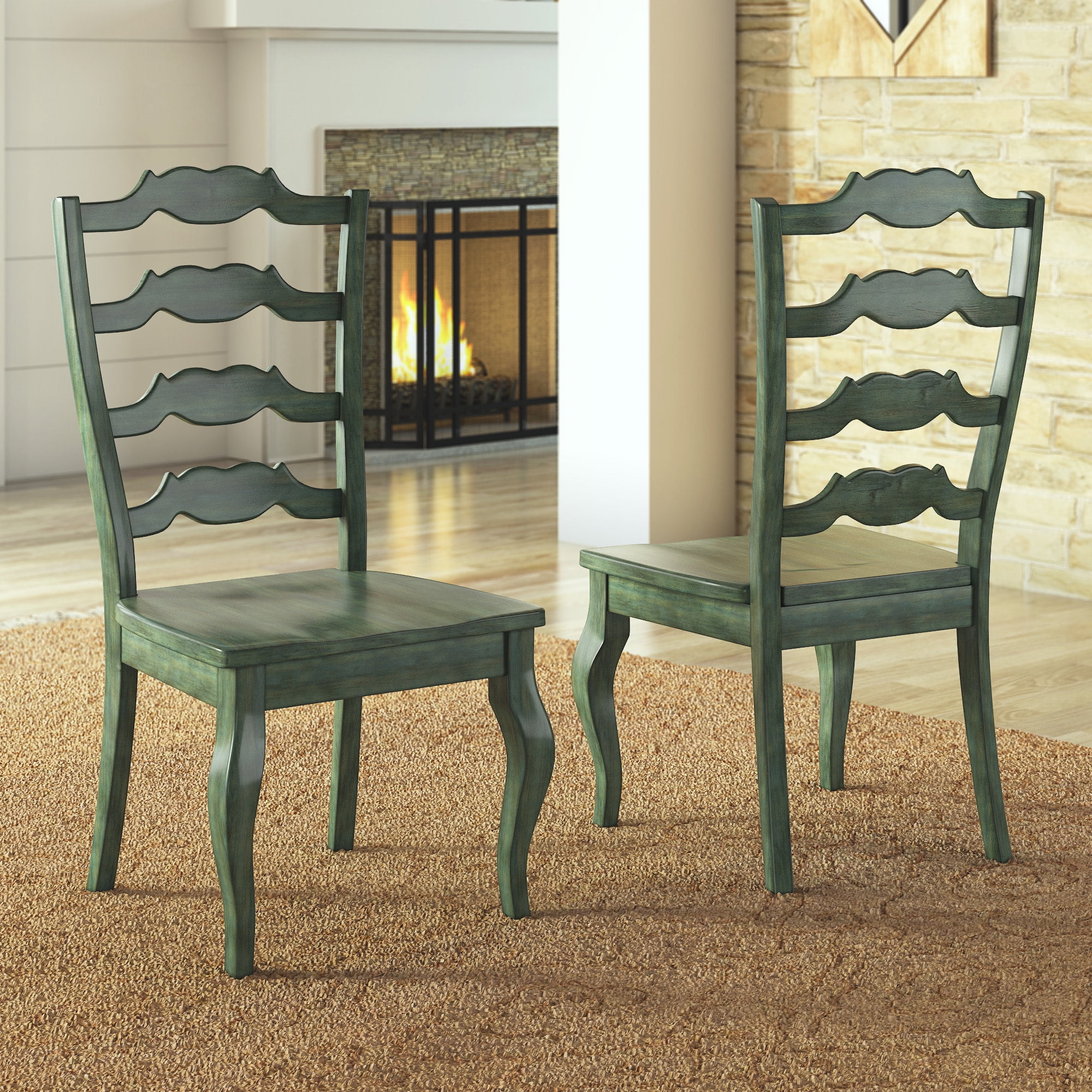 Weston Home Farmhouse French Ladder Back Wood Dining Chairs, Set of 2, Antique Sage Green