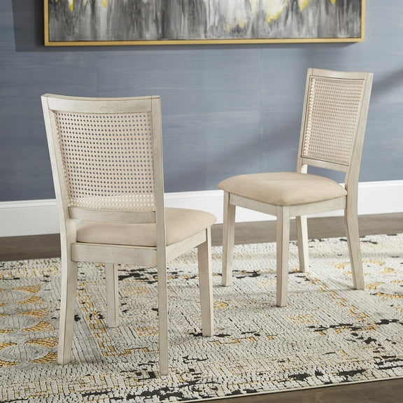 Weston Home Farmhouse Rattan Back Beige Seat Wood Dining Chairs, Set of 2, Antique White