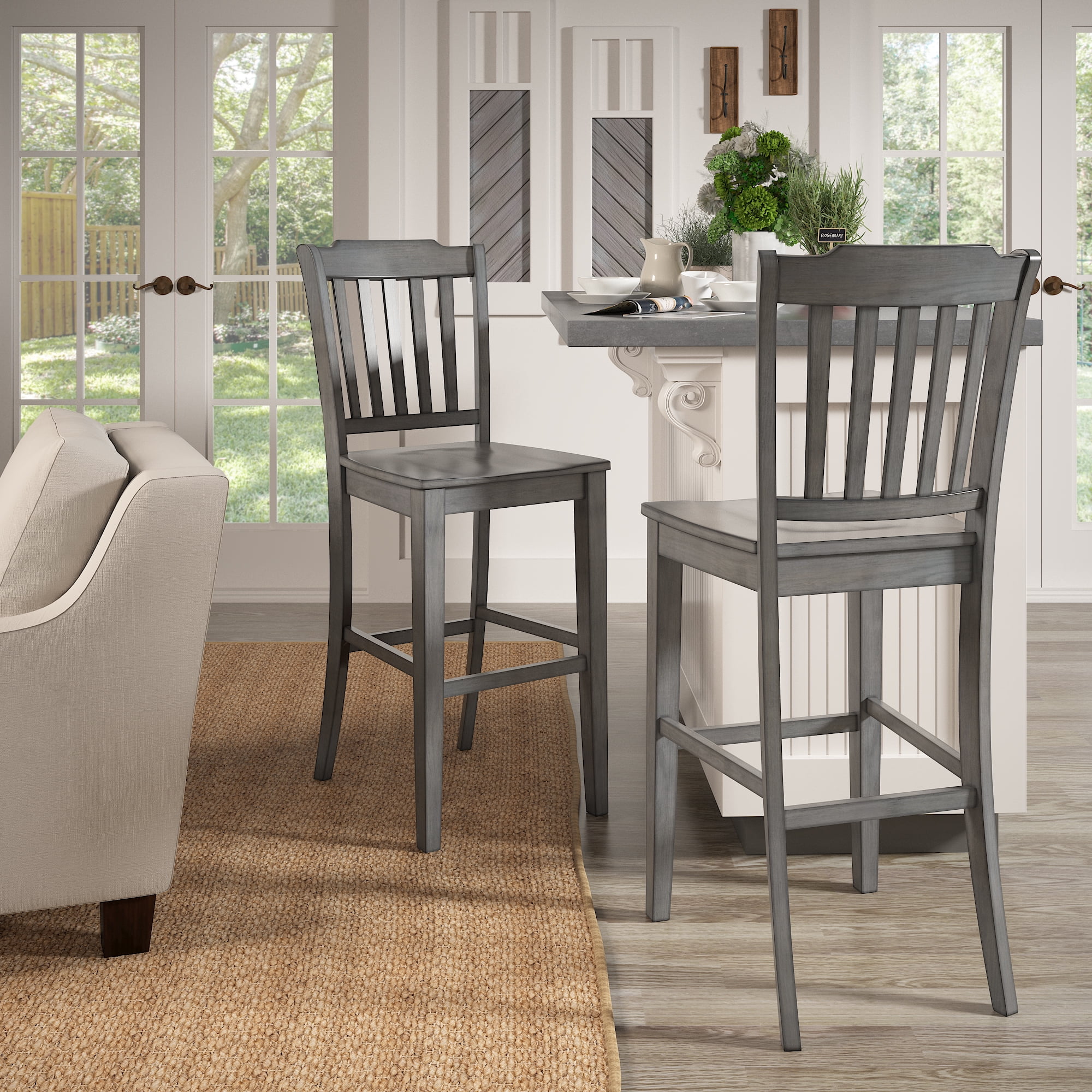 Weston Home Farmhouse Slat Back 29" Wood Bar Stool, Set of 2, Antique