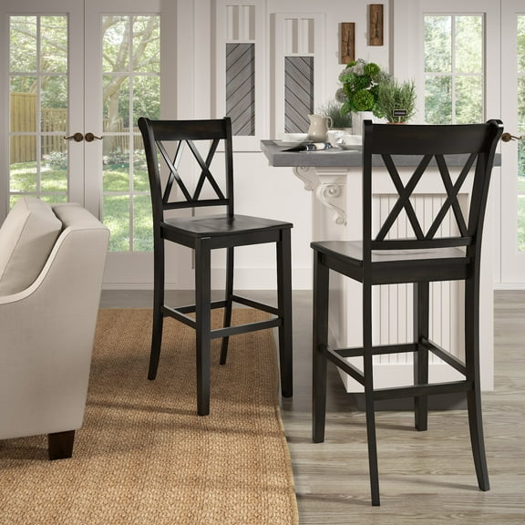 Weston Home Farmhouse Vintage Double X Solid Wood Bar Height Chair, Set of 2, Antique Black