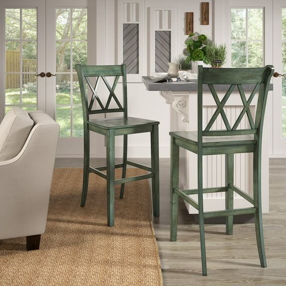 Weston Home Farmhouse Vintage Double X Solid Wood Bar Height Chair, Set of 2, Antique Sage