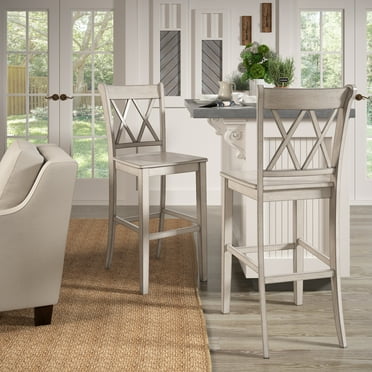 Weston Home Farmhouse Vintage Double X Solid Wood Bar Height Chair, Set of 2, Antique White