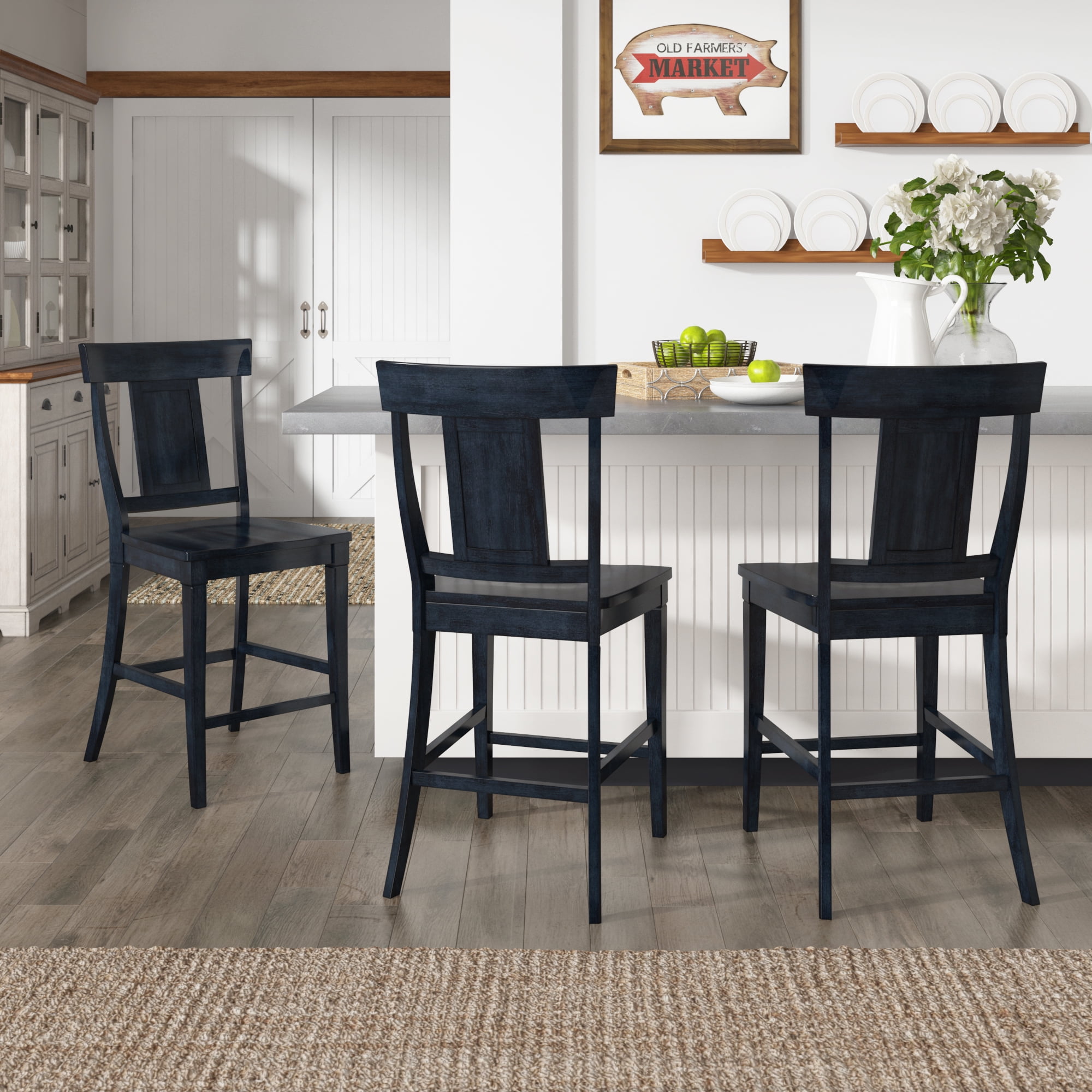 Weston Home Farmhouse Vintage Panel Back Solid Wood Counter Height Chair Set of 2 Antique Denim