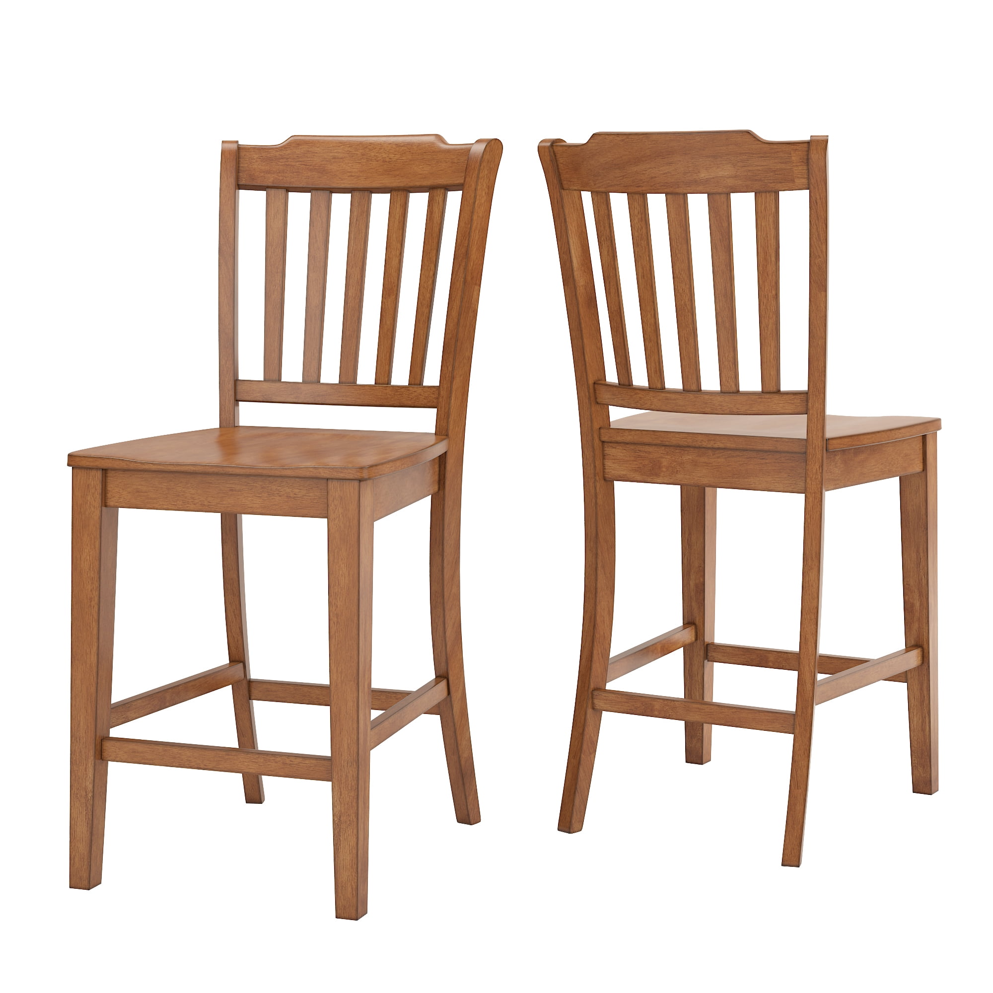 Weston Home Farmhouse Vintage Slat Back Solid Wood Counter Height Chair, Set of 2, Oak