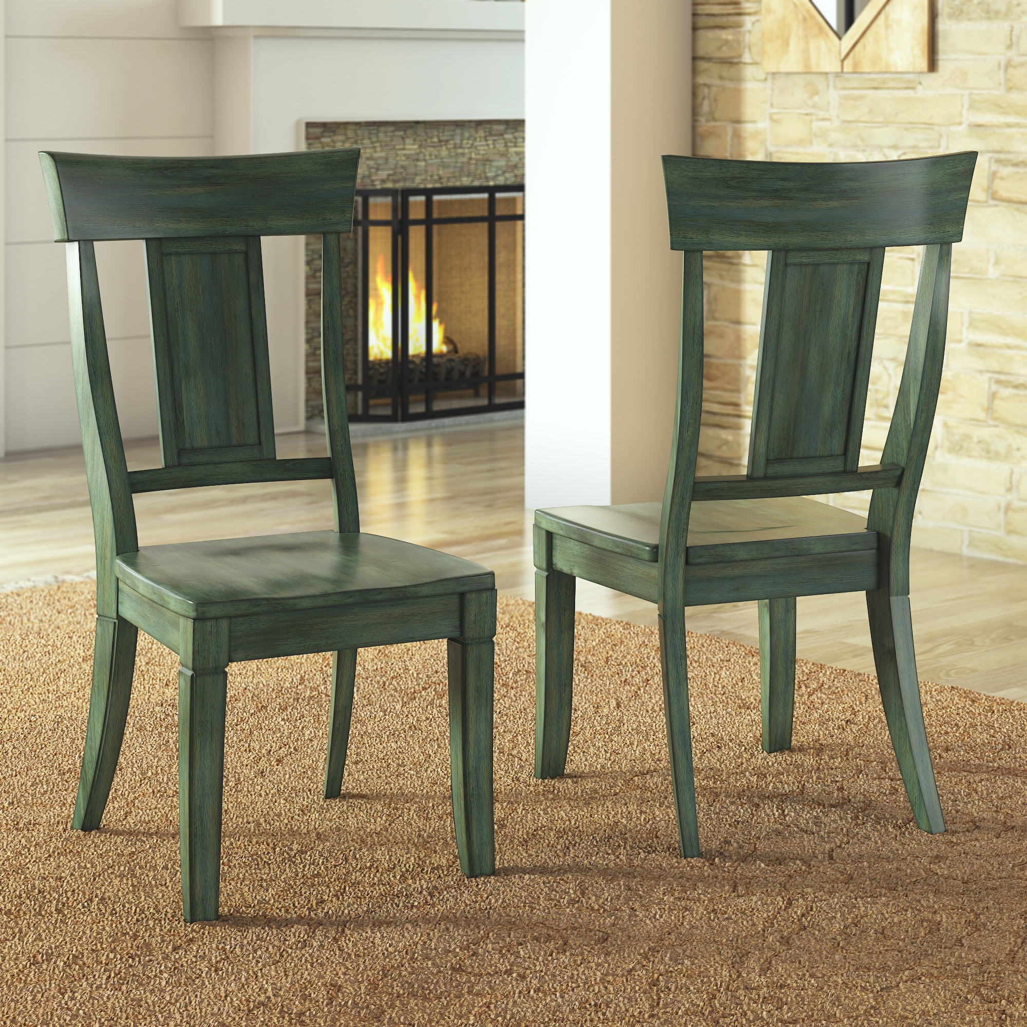 Antique Sage Green Wood Slat Back Dining Chairs, Set of 2