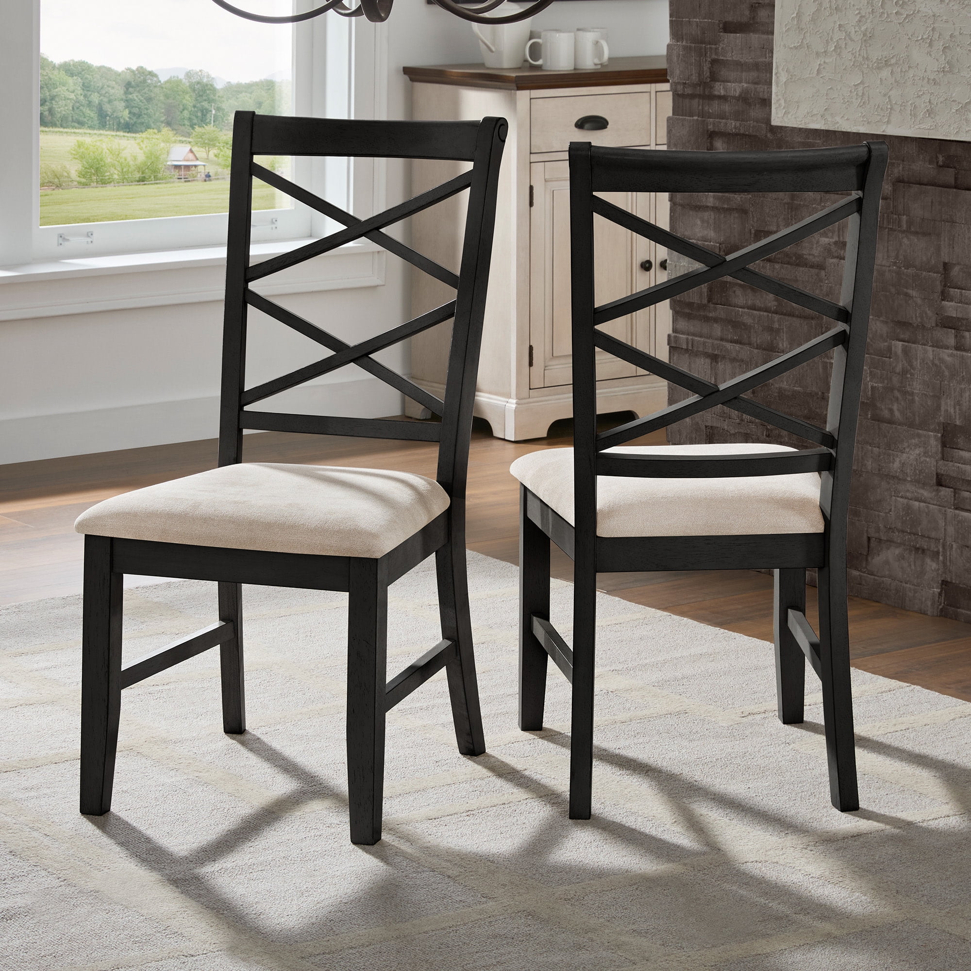 Weston Home Farmhouse Wood Finish Double Cross Back Sand Fabric Dining Chair, Antique Black (Set of 2)