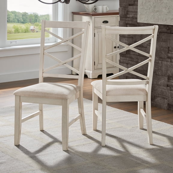 Weston Home Farmhouse Wood Finish Double Cross Back Sand Fabric Dining Chair, Antique White (Set of 2)
