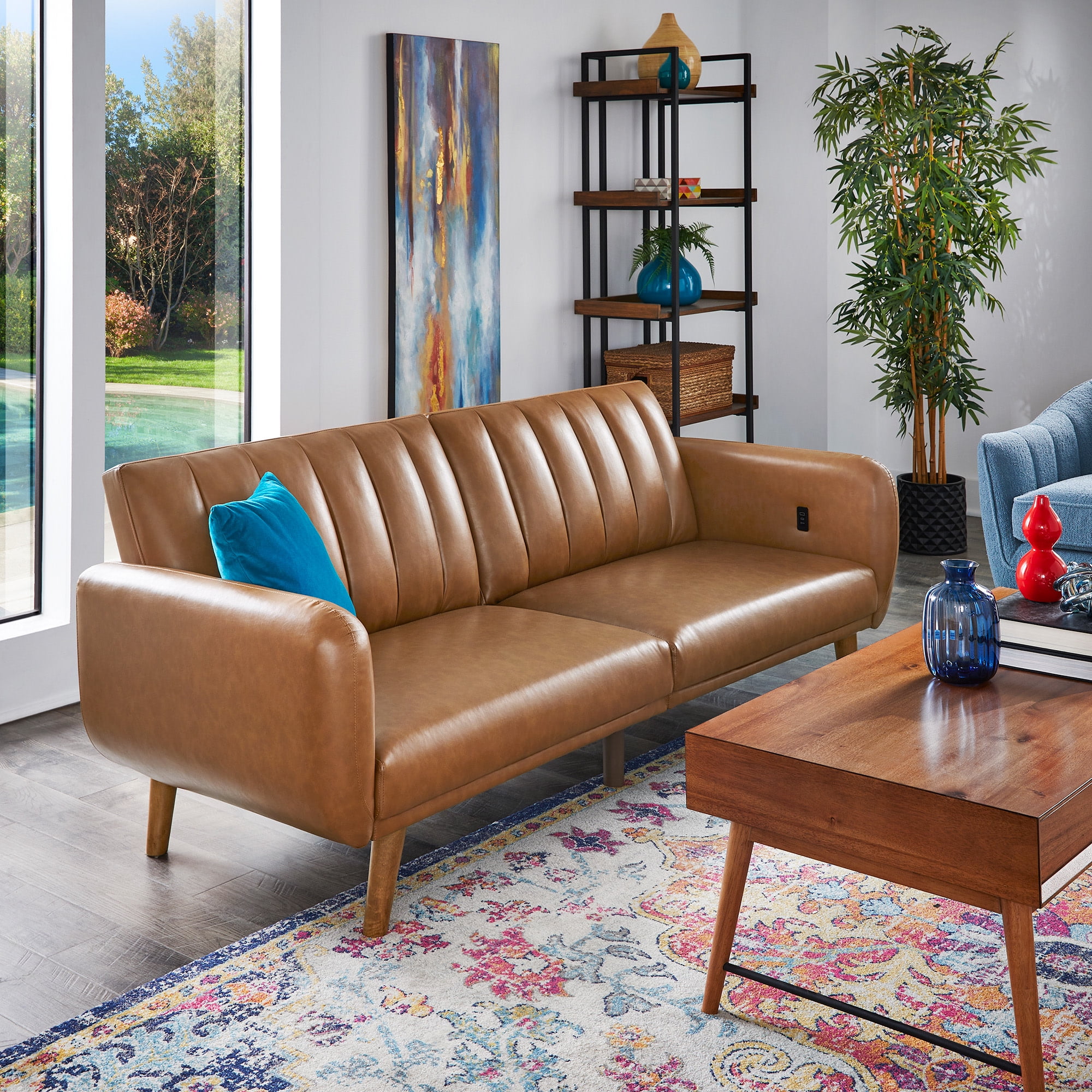 Weston Home Fosnavag Modern Upholstered Convertible Sofa with USB, Caramel Faux Leather