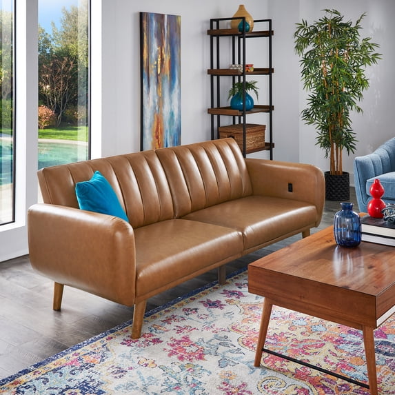 Weston Home Fosnavag Modern Upholstered Convertible Sofa with USB, Caramel Faux Leather