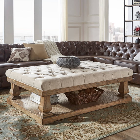 Weston Home Galvin Transitional Wood and Tufted Linen Coffee Table, Beige