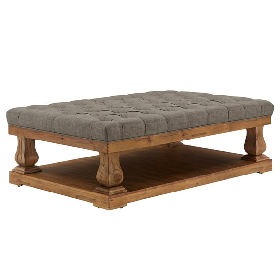 Weston Home Galvin Rustic Coffee Table with Tufted Linen Top and Wood Base, Grey