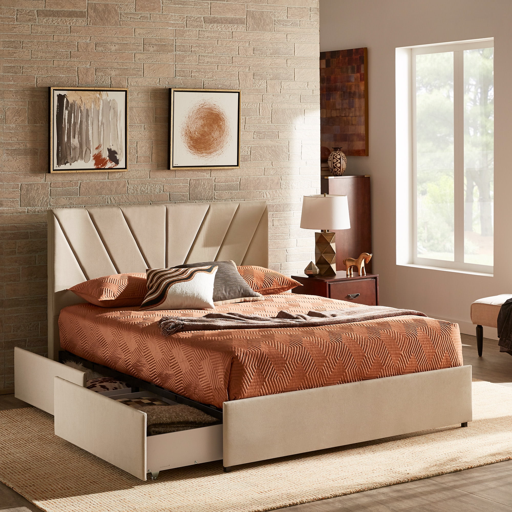 Weston Home Gaylen Linen V-Channel Headboard Storage Platform Bed, Queen, Beige