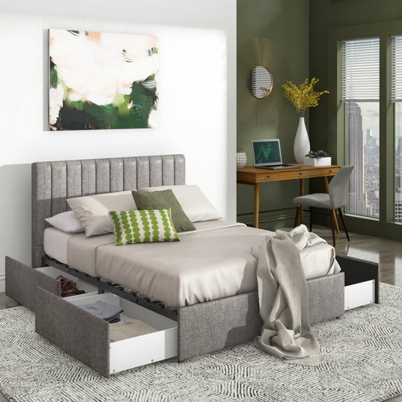 Weston Home Gaylen Gray Linen Storage Platform Bed with Channel Headboard, Full