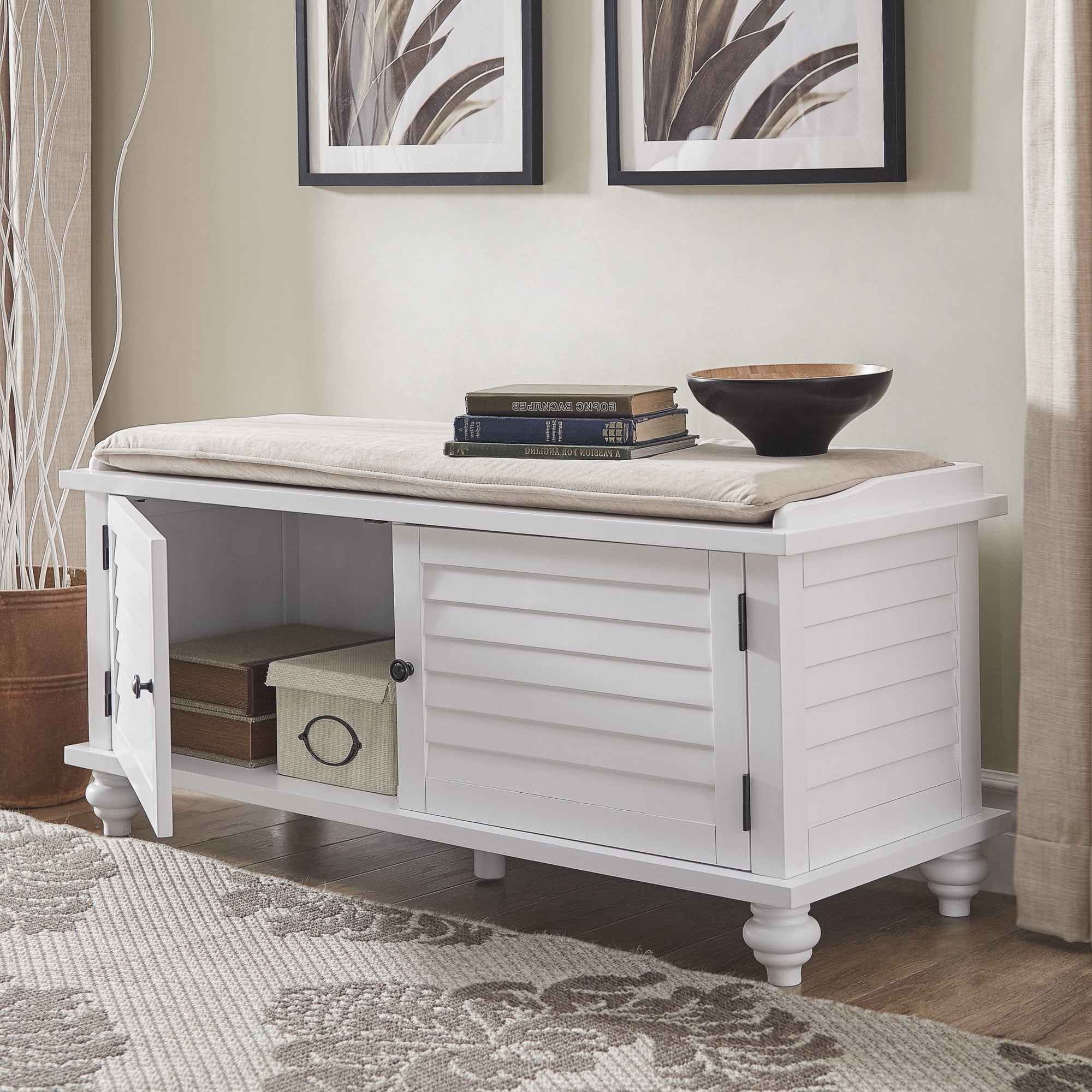 Weston Home Entryway Storage Bench with Cushion, White