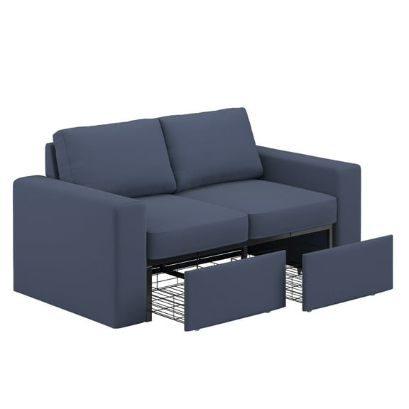 Weston Home Glen Park Modern Linen Loveseat with 2 Hidden Metal Wire Storage Drawers, Blue