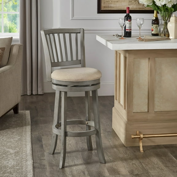 Weston Home Haas Slat Back Swivel Bar Stool, Antique Grey Finish/ Beige Linen Fabric