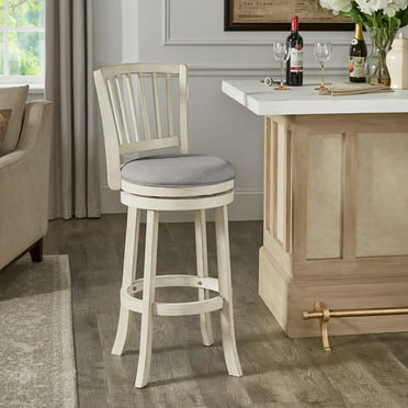 Weston Home Haas Slat Back Swivel Bar Height Stool, Antique White Finish, Gray Linen