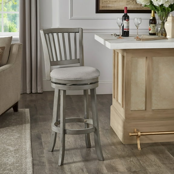 Weston Home Haas Slat Back Swivel Bar Stool, Antique Gray Finish/ Gray Linen Fabric