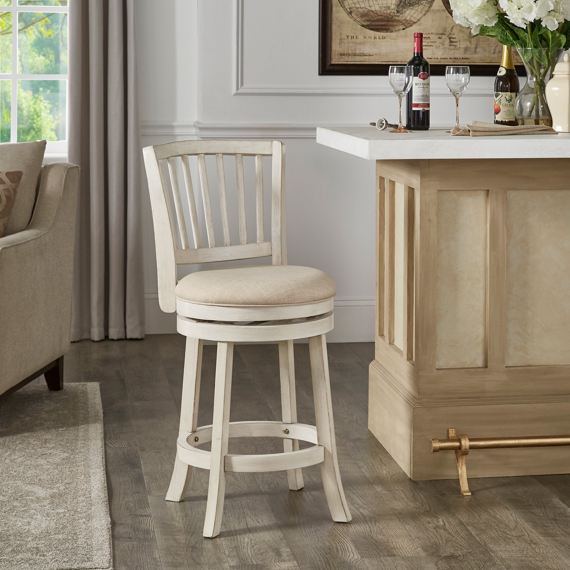 Weston Home Haas Slat Back Swivel Chair, 24" Counter Height, Antique White Finish, Beige Linen