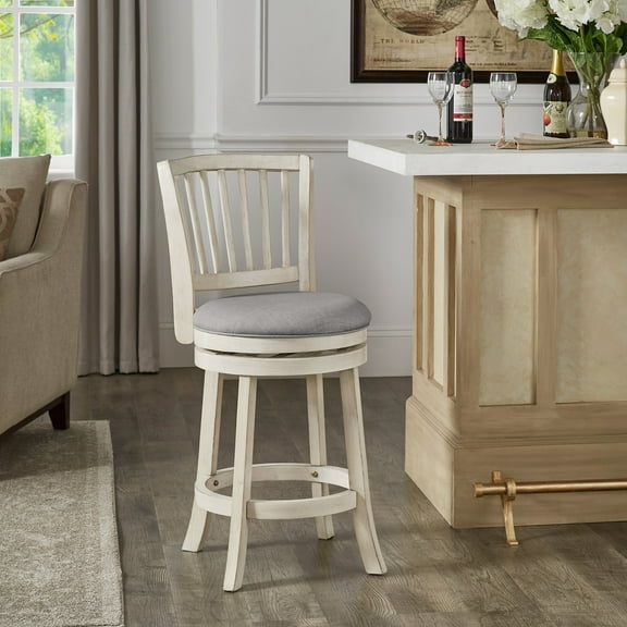 Weston Home Haas Slat Back Swivel Counter Height, Antique White Finish, Gray Linen