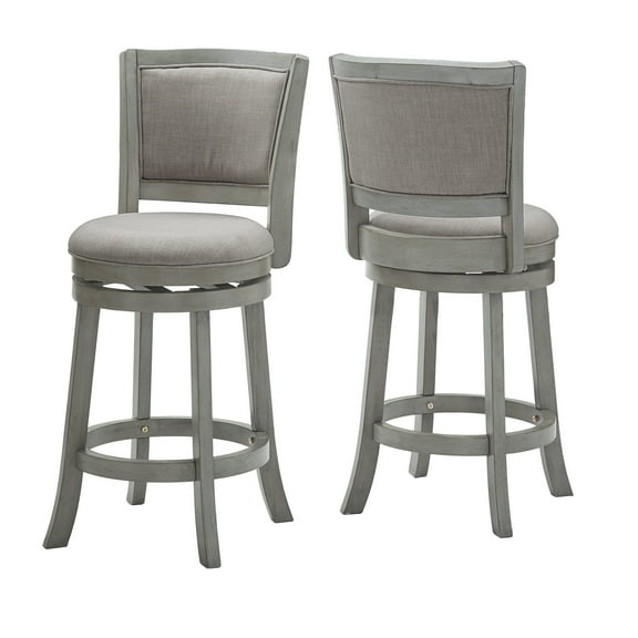Weston Home Haas Upholstered Back Swivel Stool, 24" Counter Height, Antique Gray Finish, Gray Linen