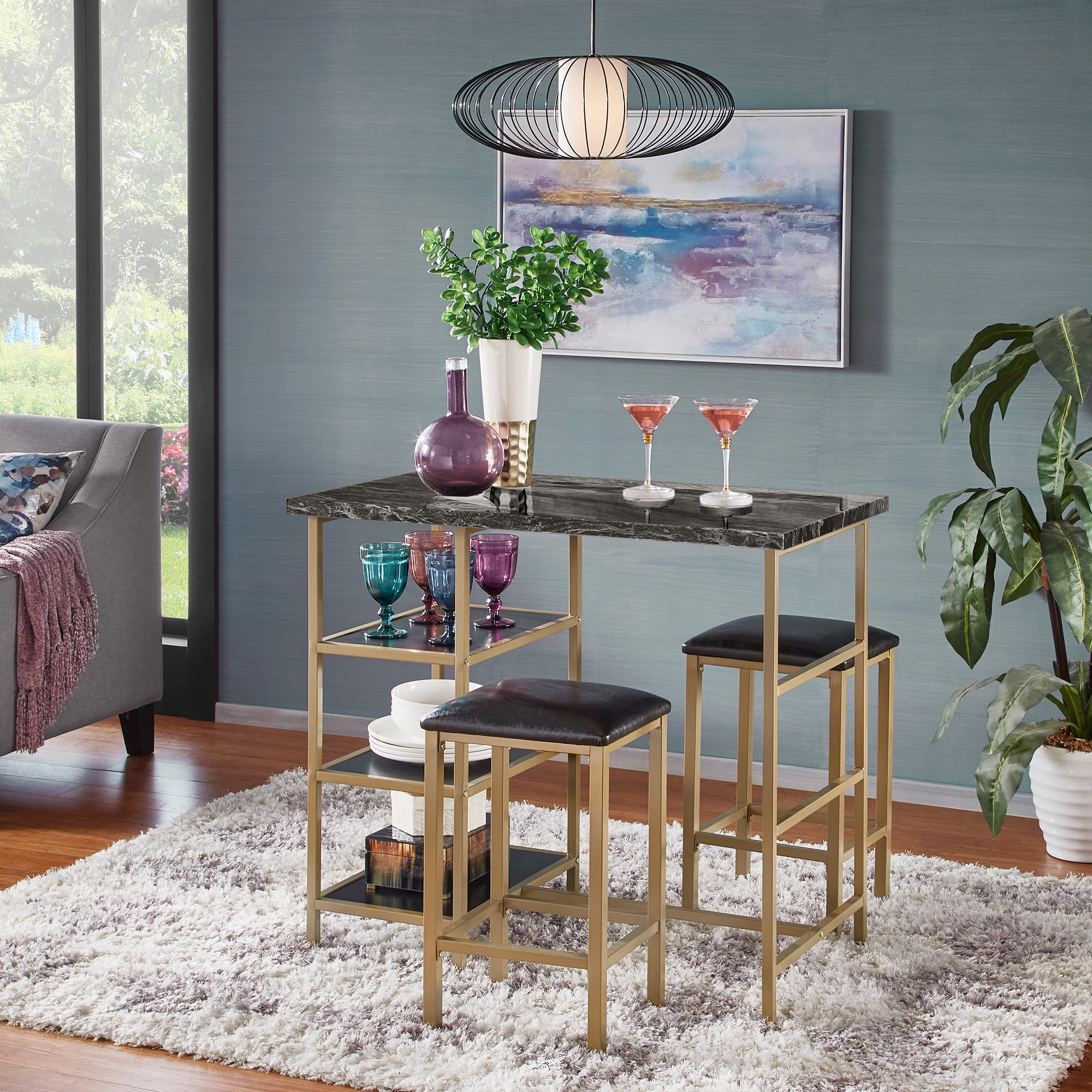 Weston Home Harper Counter Height Metal Table Table with Faux Marble Top and 2 Stools, Multiple Finishes