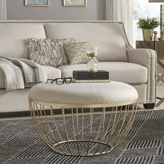 Weston Home Harriette Fabric Upholstered Round Ottoman, Beige Linen