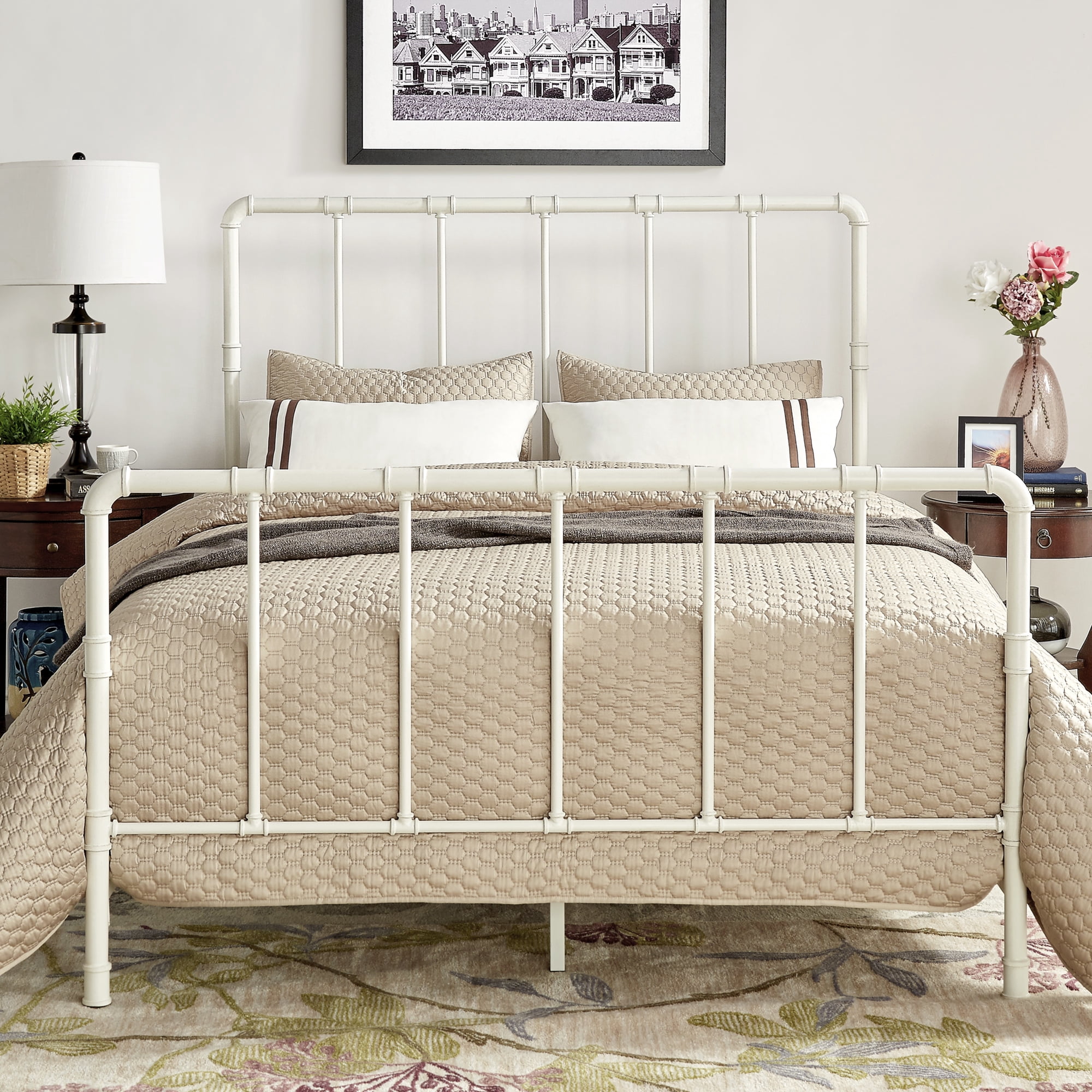Weston Home Industrial Style Pipe Metal Full Bed, Antique White