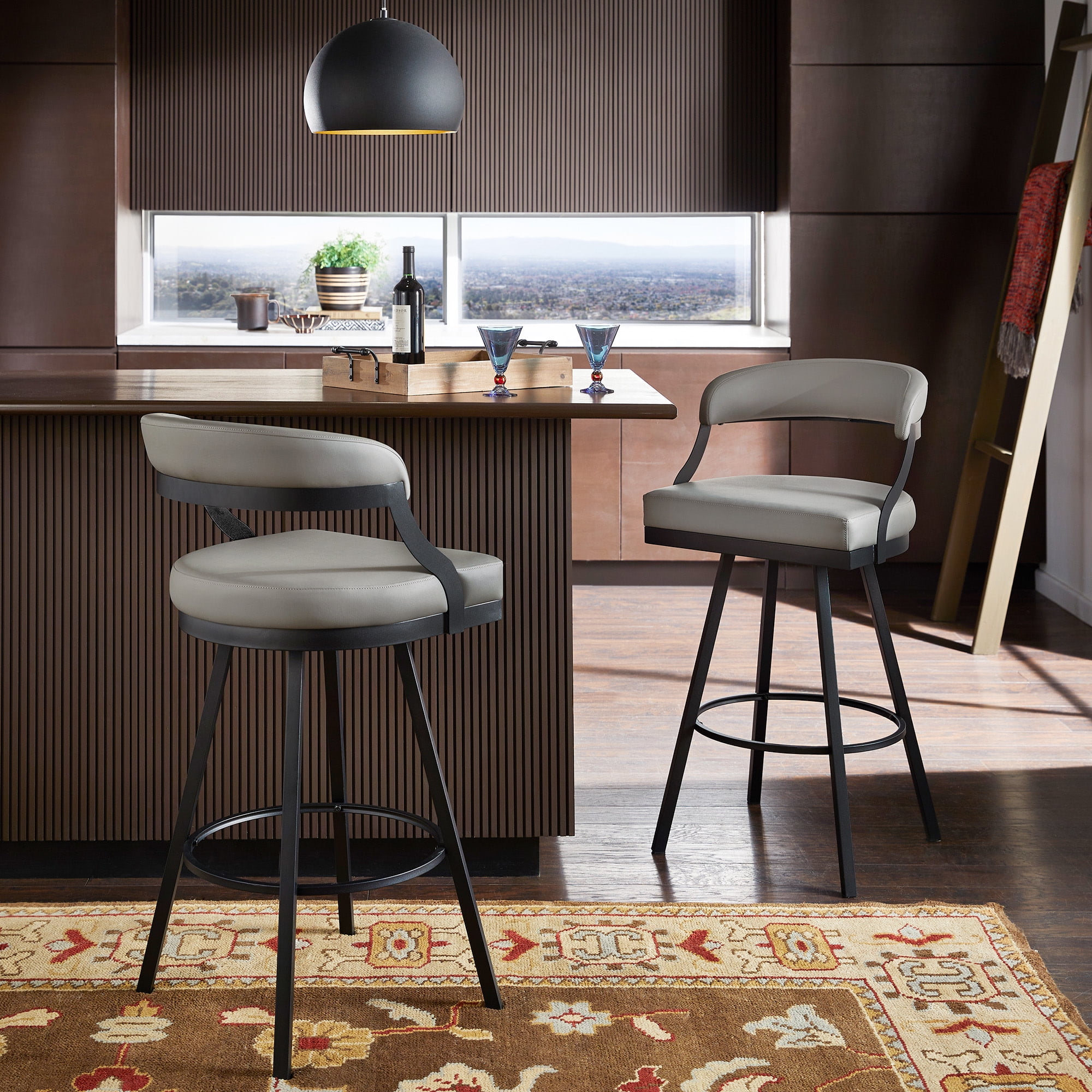 Weston Home Jala Black Finish Metal Vegan Leather Swivel Bar Height Chair, Set of 2, Gray